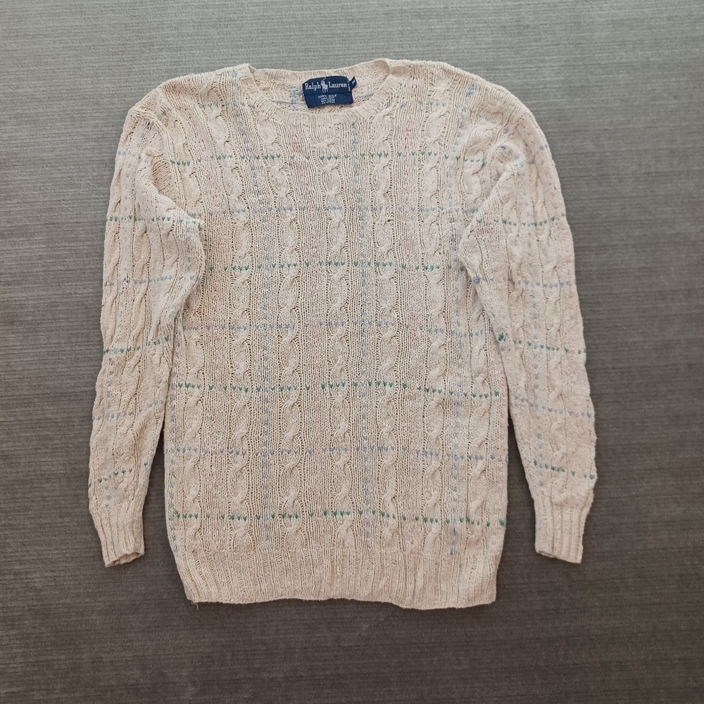 Vintage Ralph Lauren 100% Silk Hand Knit Sweater Womens M Beige Cable Birdseye